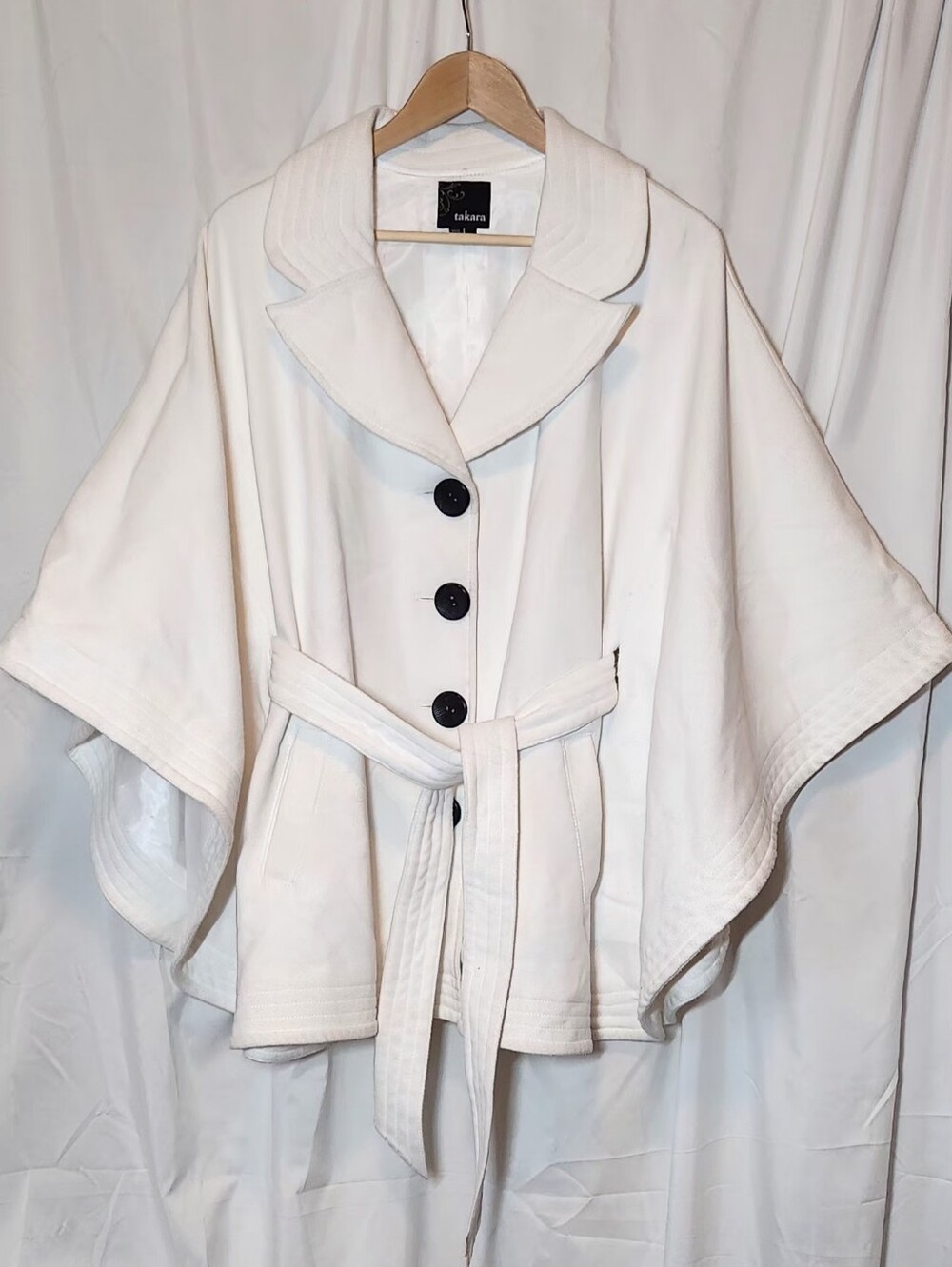 Takara Women's Button Front Lapel Collar Cape Jacket with Belt White Size XL